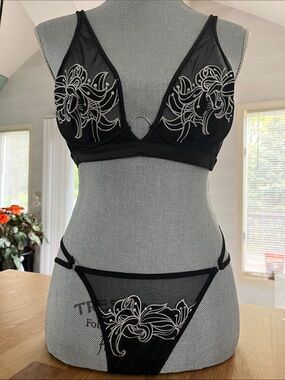 Thistle and Spire Black Sheer Floral Embroidered Bralette & Thong